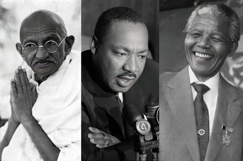 Portraits of Mahatma Gandhi, Martin Luther King Jr., and Nelson Mandela in black and white.