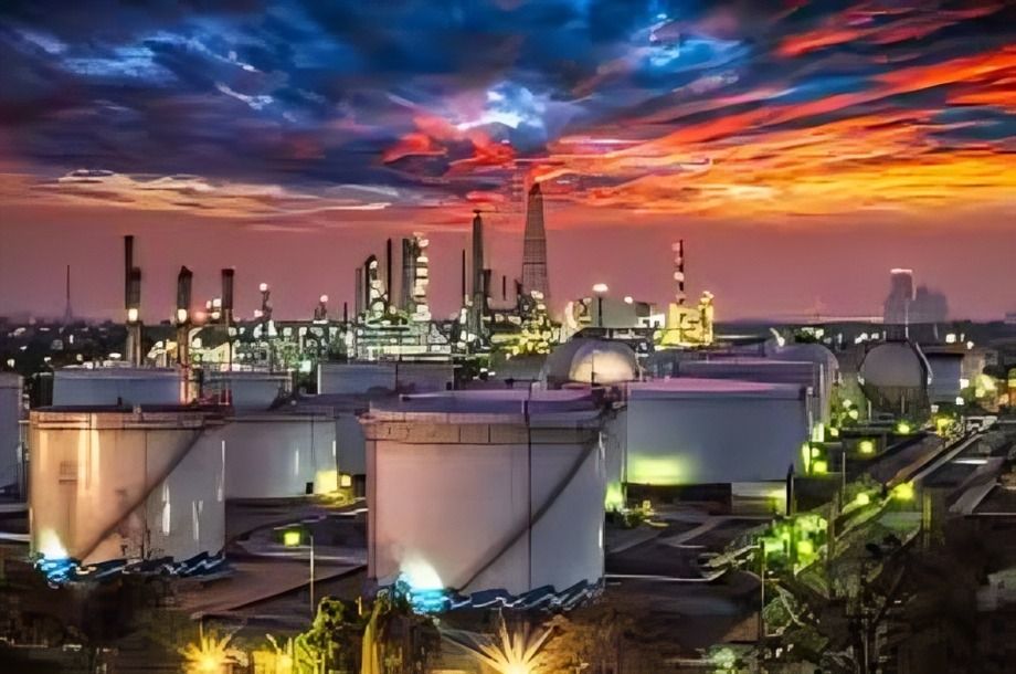 An oil refinery at sunset.
