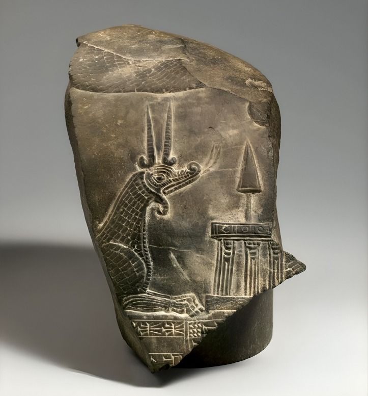 Ancient Mesopotamian kudurru fragment with a dragon and divine symbols.