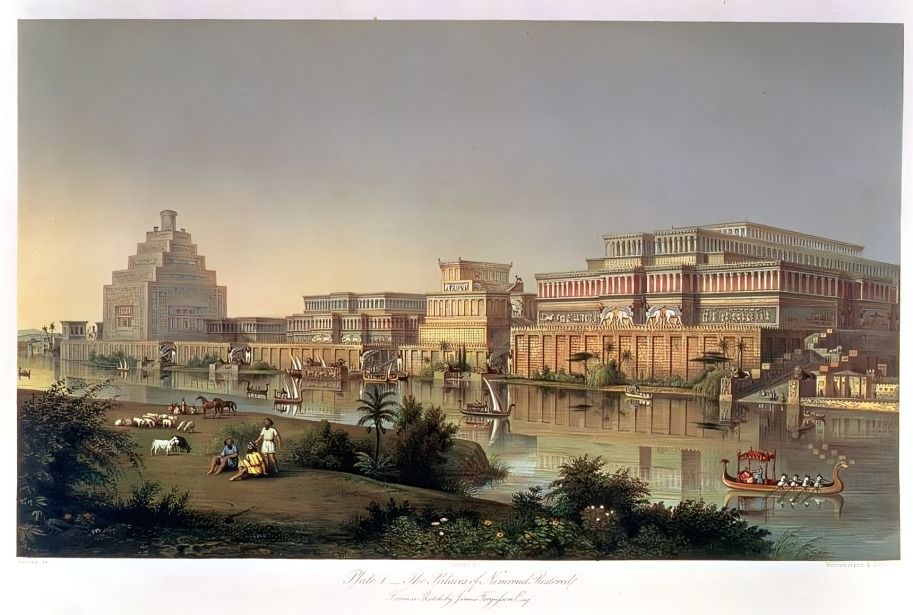 Ancient Mesopotamian city with a river, ziggurat, and palace.