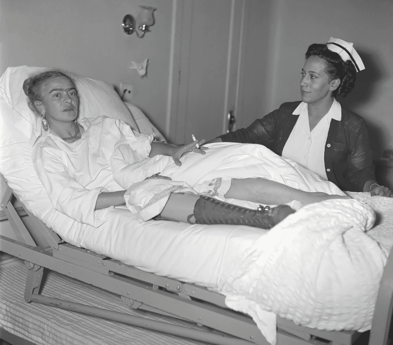 Frida Kahlo, 1953: hospitalized, enduring pain from a 17-year-old accident.
