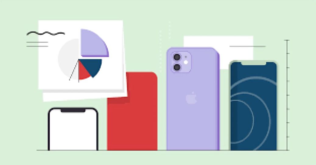 An illustration of iPhones with data visualizations.