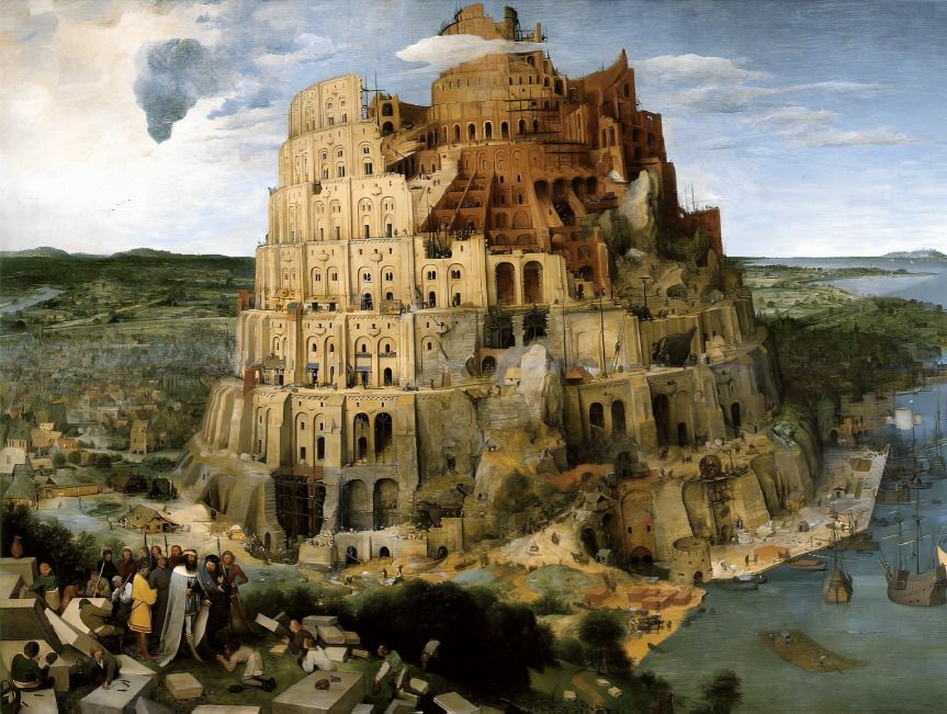 Painting of the Tower of Babel, a biblical tale of a monumental structure.