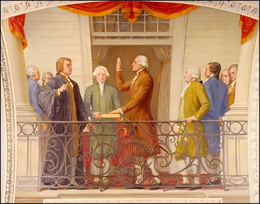 George Washington takes the oath of office as the first president of the United States.