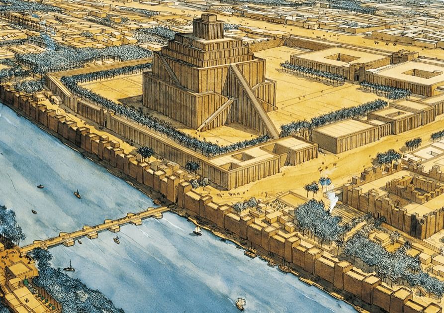 Ancient Babylonian city with Ziggurat of Babel, river, and surrounding structures.