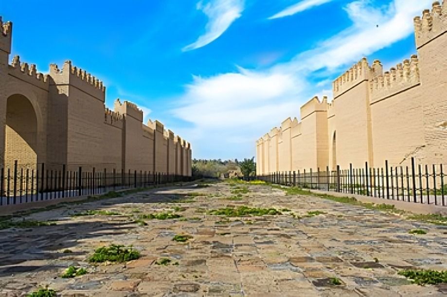 Reconstructed ruins of the ancient city of Babylon, showcasing its grand walls and historic architecture.
