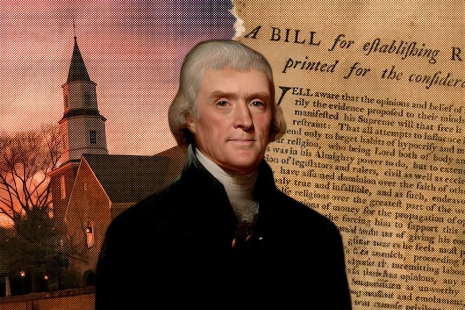 Thomas Jefferson's portrait with a church and historic bill background scene.