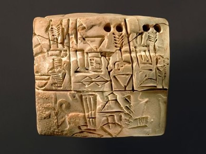 Ancient Mesopotamian clay tablet with cuneiform writing.