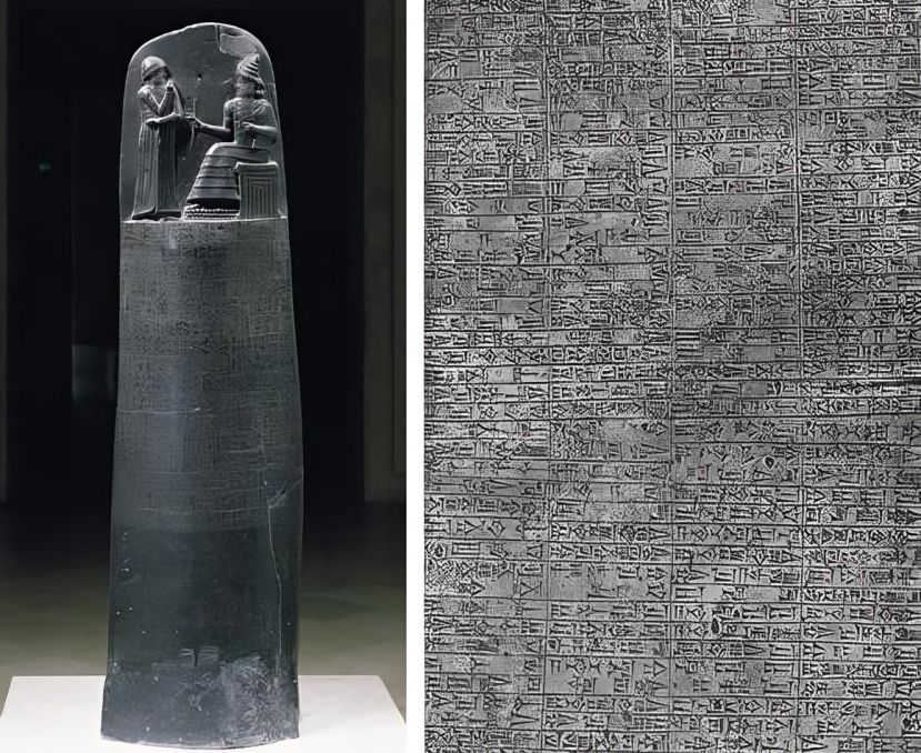 A black stone stele with a carved figure at the top and a long inscription of cuneiform writing below.