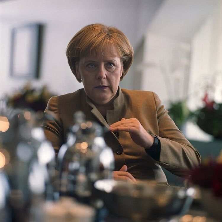 Angela Merkel in a brown jacket gesturing during a focused, formal discussion setting.