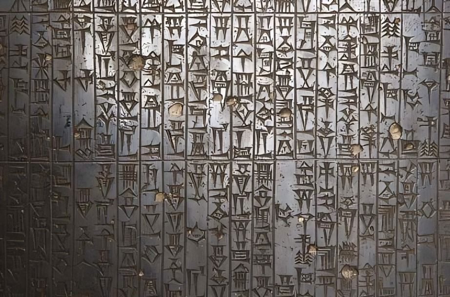 Ancient Babylonian stele with Hammurabi's Code, cuneiform writing.