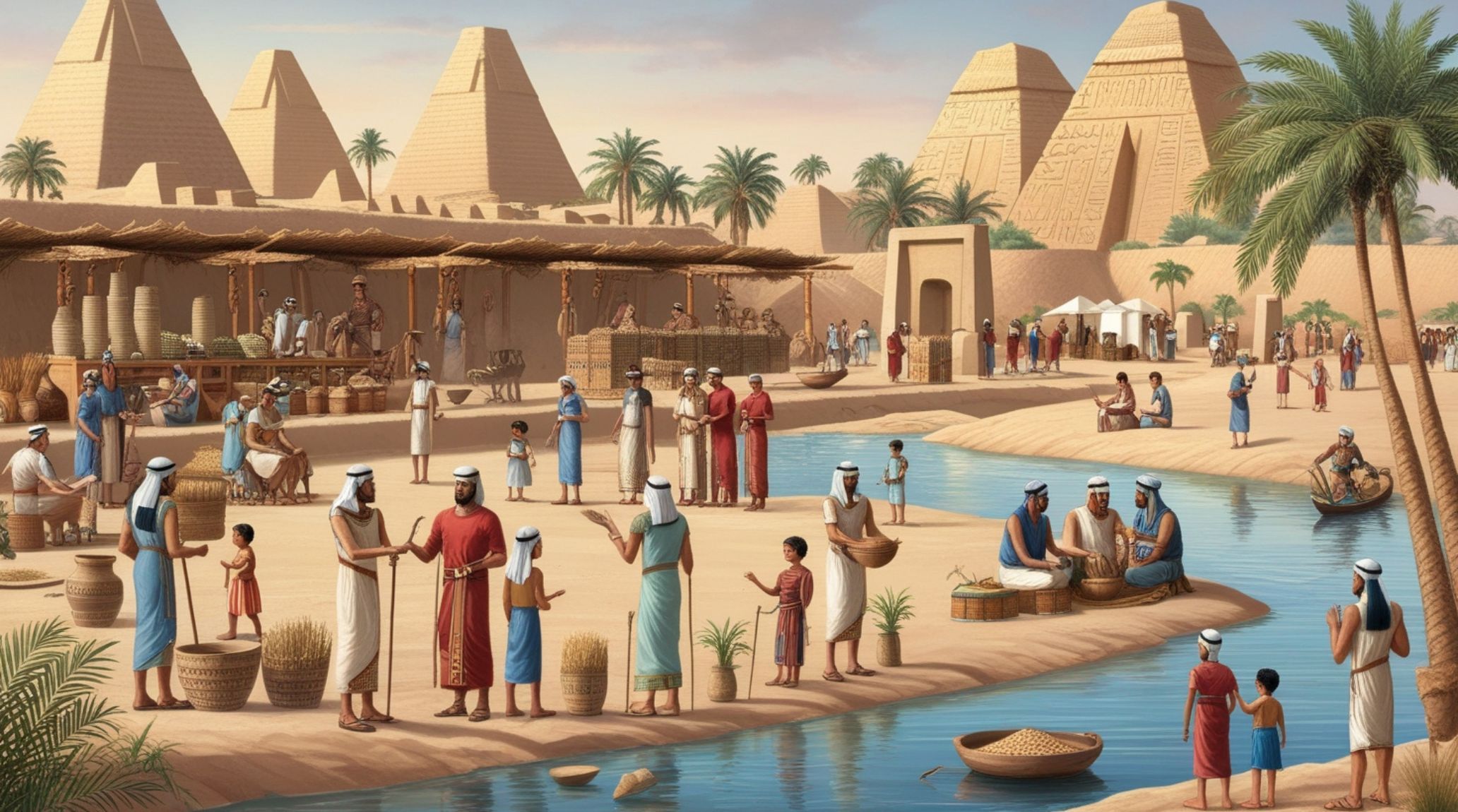 Ancient Mesopotamian marketplace, bustling with people and activity near a river.