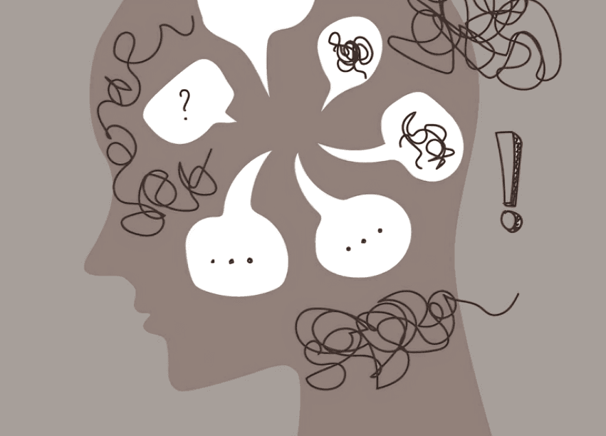 Head silhouette with chaotic thoughts and punctuation marks.