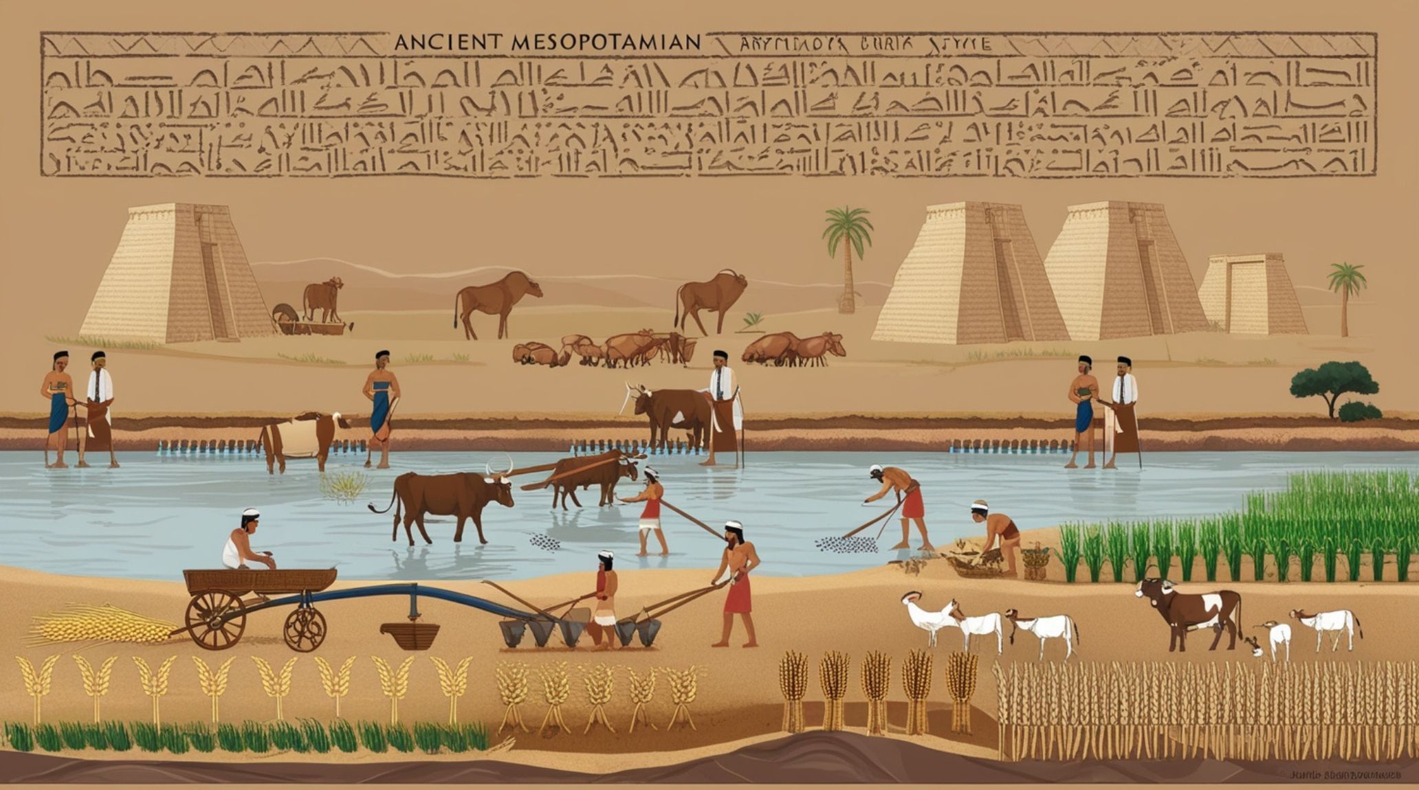 Mesopotamian marketplace, river, bustling trade, likely agricultural.