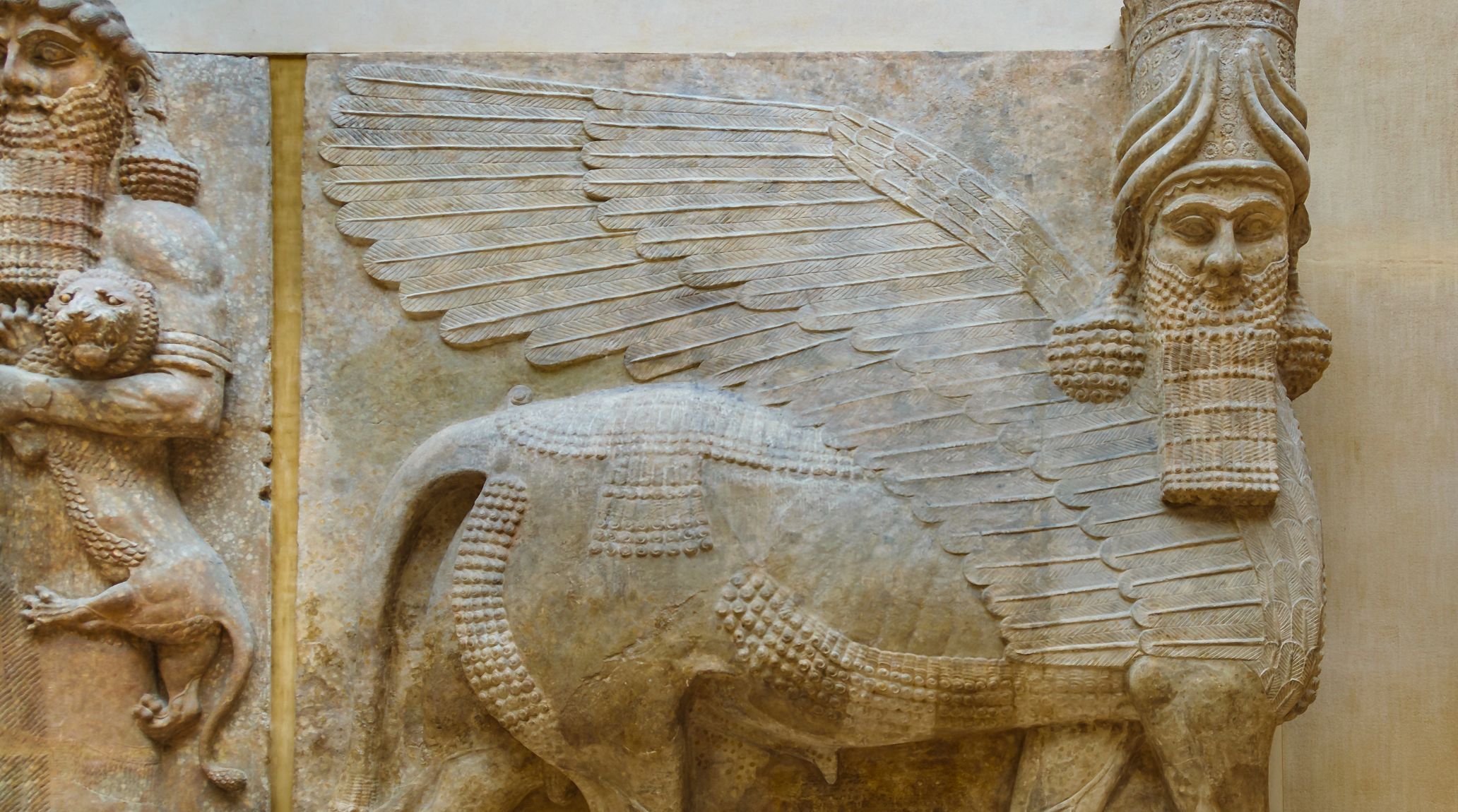  Ancient Assyrian bas-relief of a lamassu, a protective deity.
