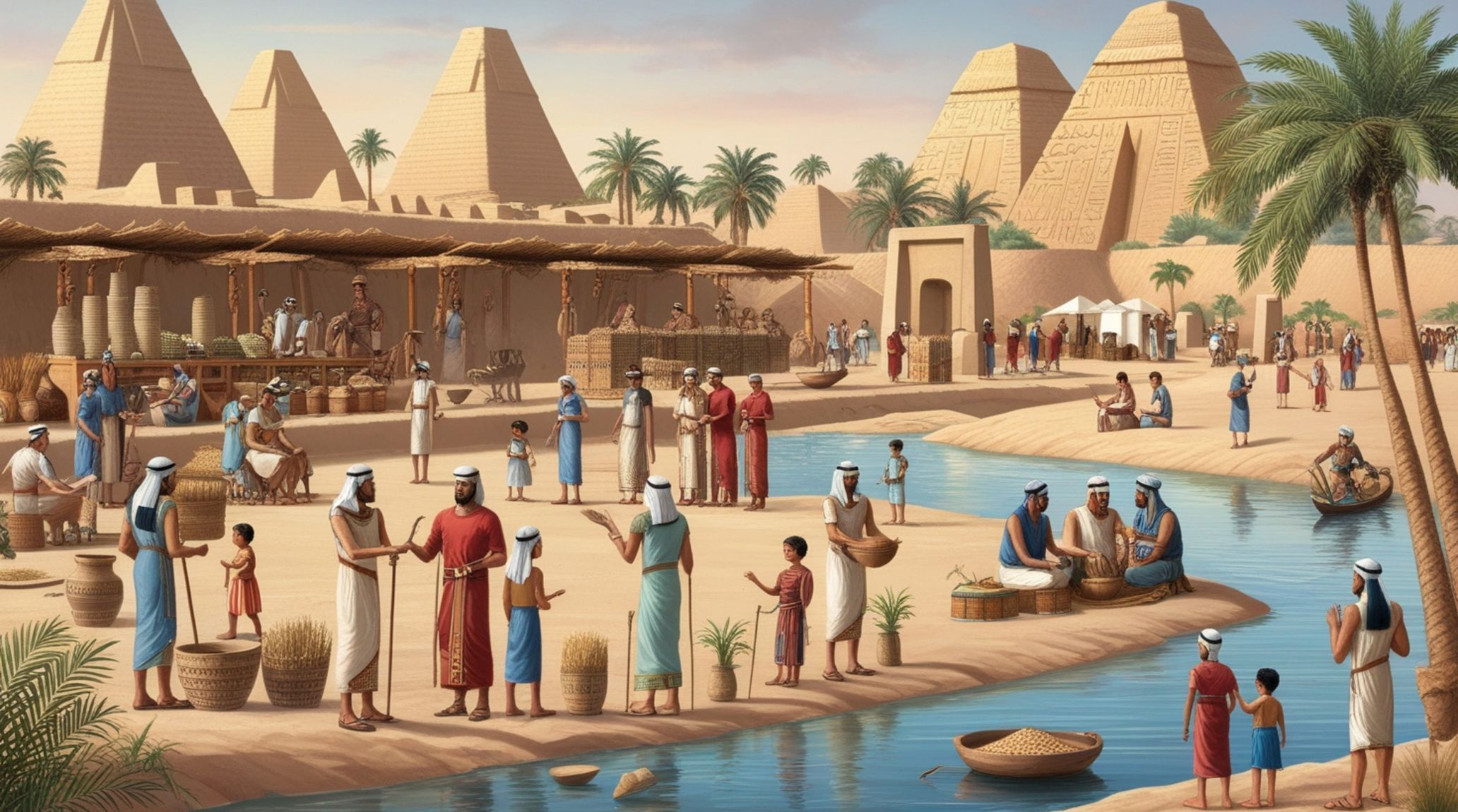 Ancient Mesopotamian marketplace with bustling traders exchanging goods near the Tigris and Euphrates rivers.