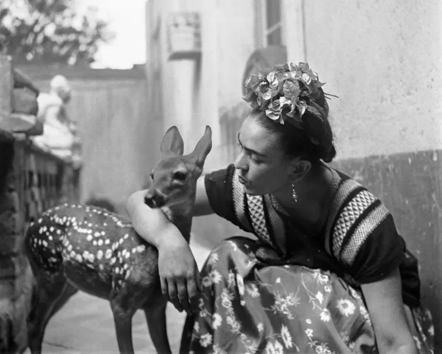 Woman with floral headpiece affectionately holding a small spotted deer.