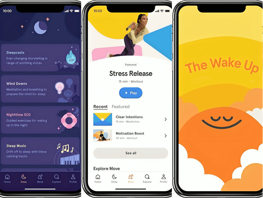 Smartphone screenshots showing a sleep and meditation app interface.