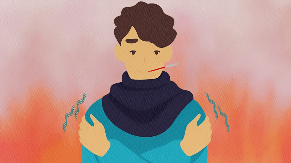 A cartoon person with fever and chills, feeling unwell.