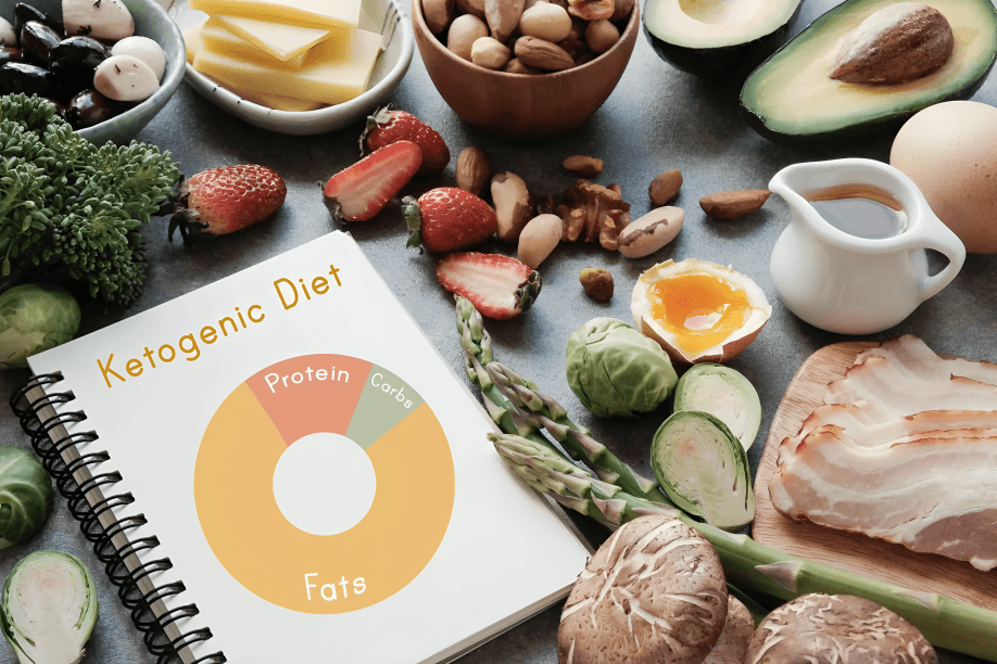 Variety of ketogenic diet foods around a notebook.