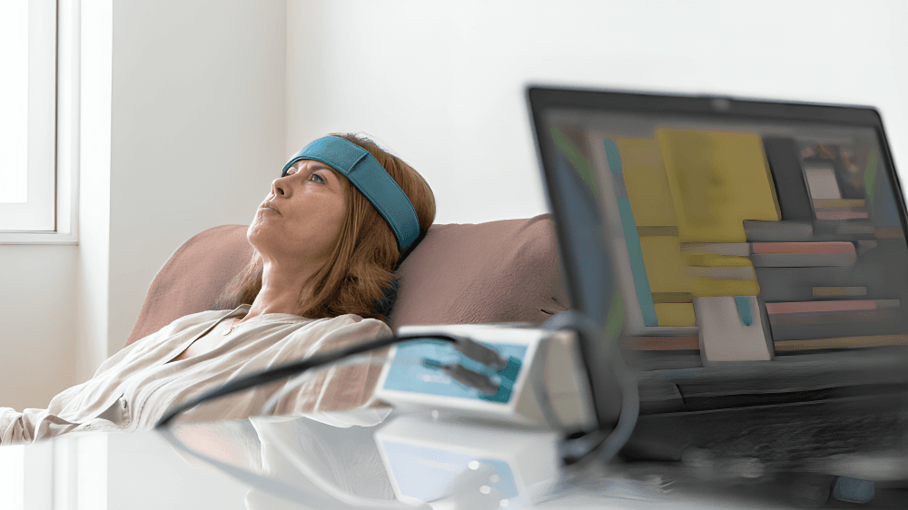 A woman undergoing EEG neurofeedback therapy with a laptop.