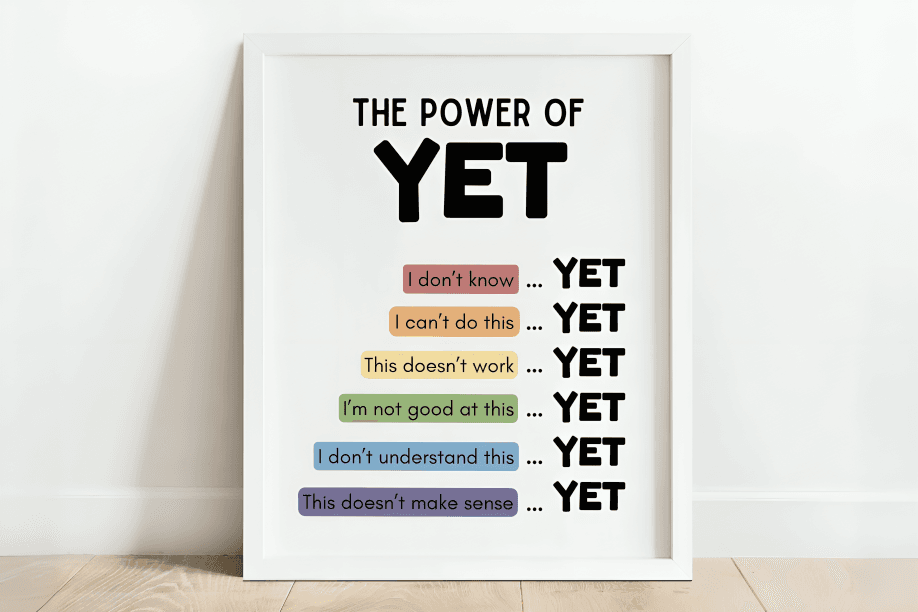 Framed poster: "The Power of Yet" with encouraging phrases.