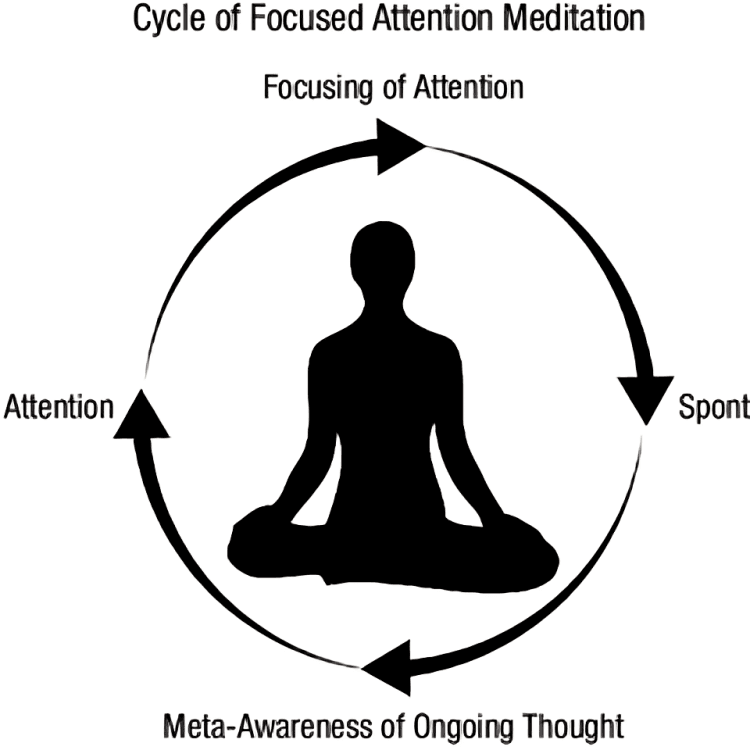Diagram of focused attention meditation cycle with seated figure.