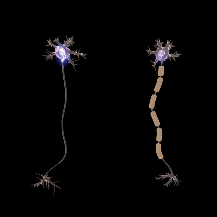 Two 3D neuron models, one myelinated and one unmyelinated.