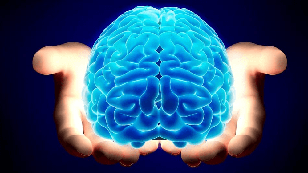 Glowing blue brain held gently in two hands.