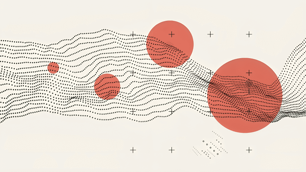 Abstract background with black dots forming waves and red circles.
