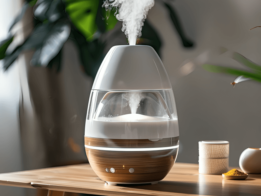 A close-up of a humidifier emitting steam.