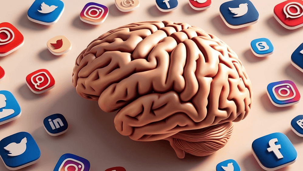 Brain surrounded by social media icons, dopamine concept.