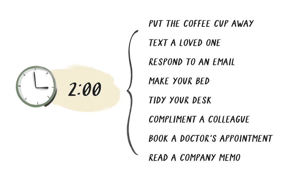 Clock showing "2:00" with a list of two-minute tasks.