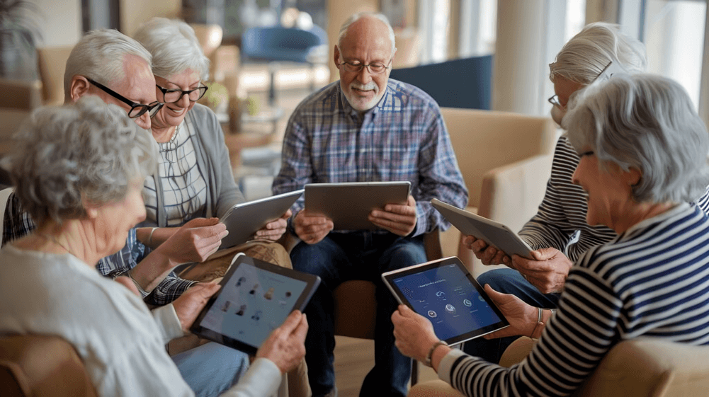 Seniors gathered, happily using tablets together.