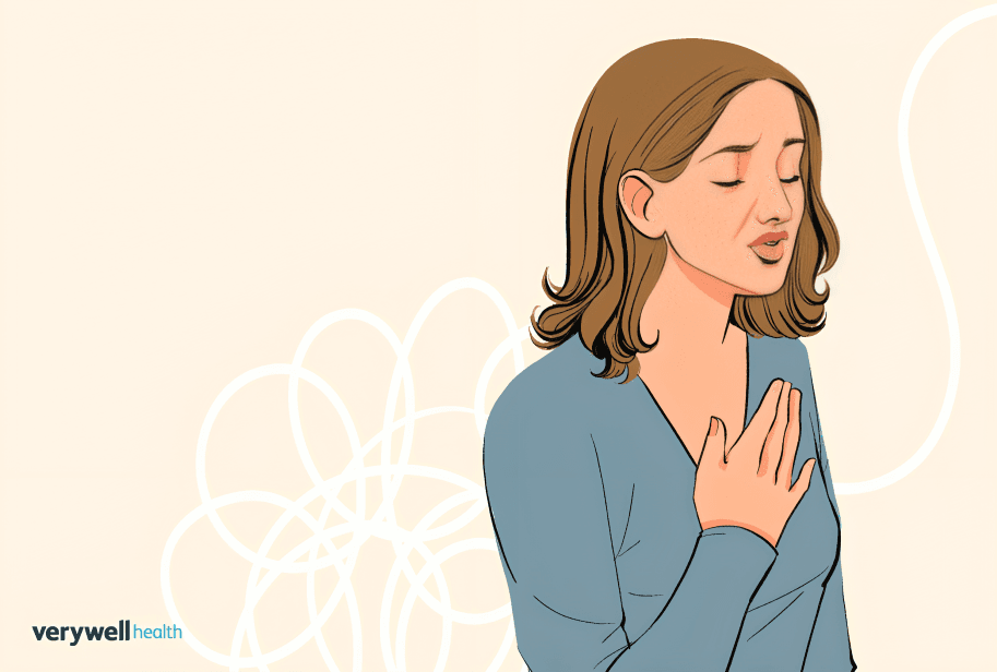 Woman with hand on chest experiencing discomfort or pain.