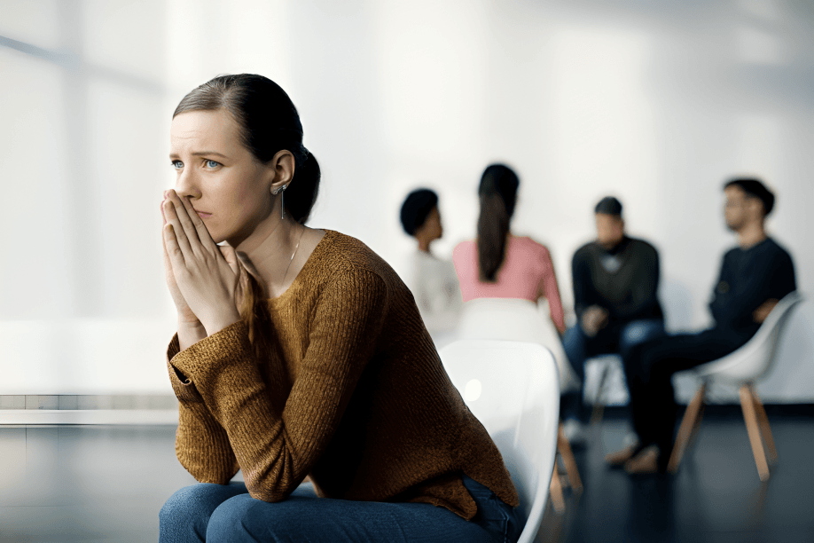 A stressed woman sitting alone against a blurry group of people.