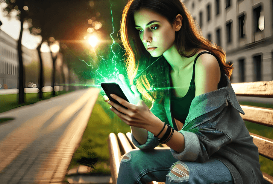 Woman on bench using phone with green light effects.