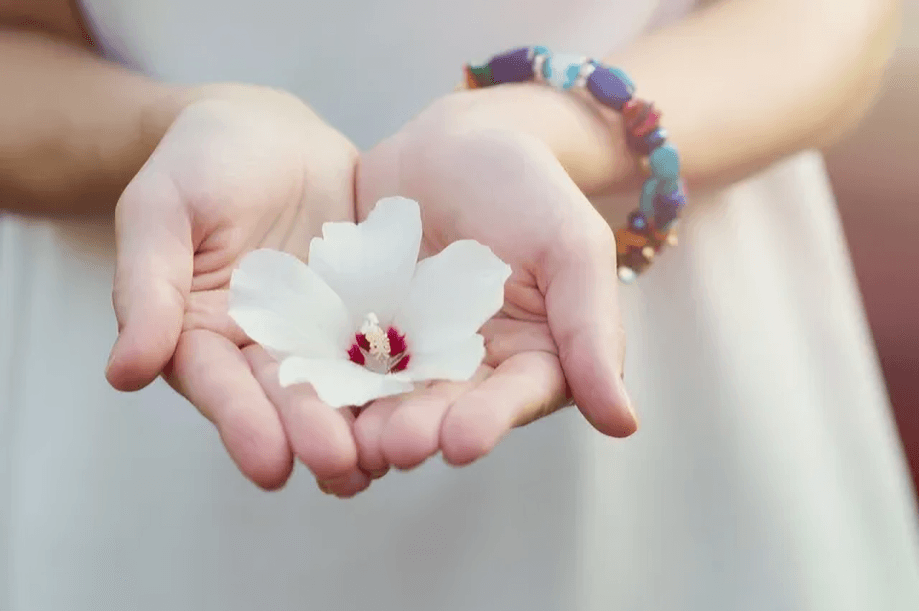 Hands gently cupping a delicate white flower.