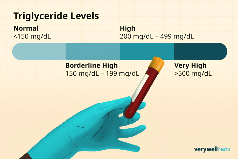 Image displays triglyceride levels chart with a blood sample.