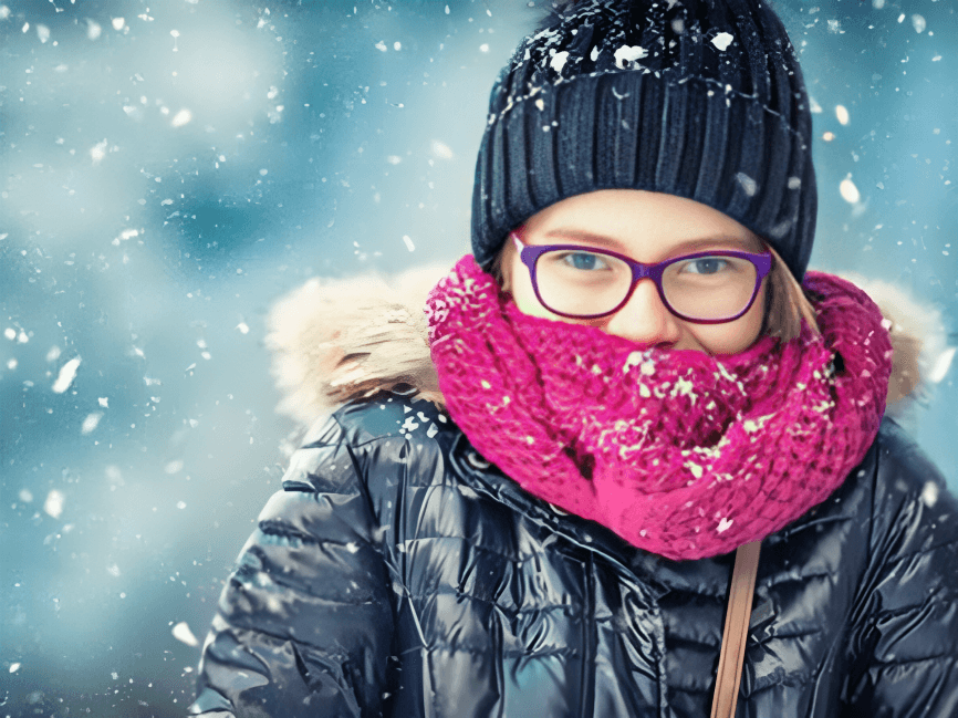 A person bundled in winter clothes and glasses in snow.