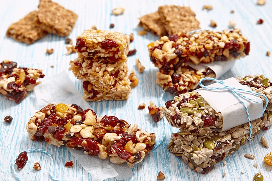 An assortment of homemade granola and nut bars.