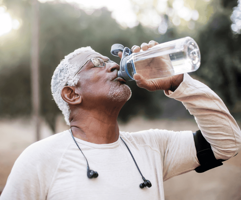 An elderly man drinking water after exercise outdoors.
