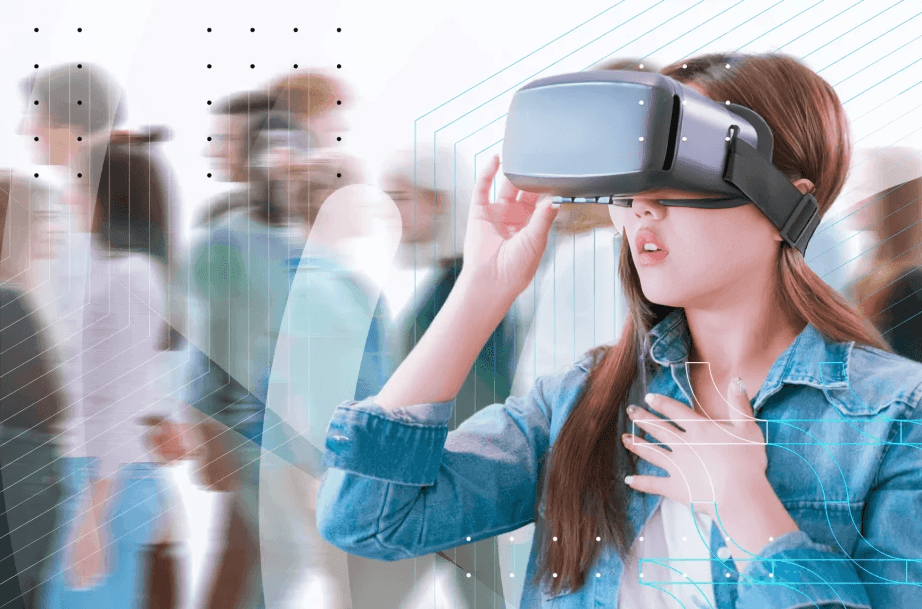 Woman experiencing virtual reality with headset in crowded setting.