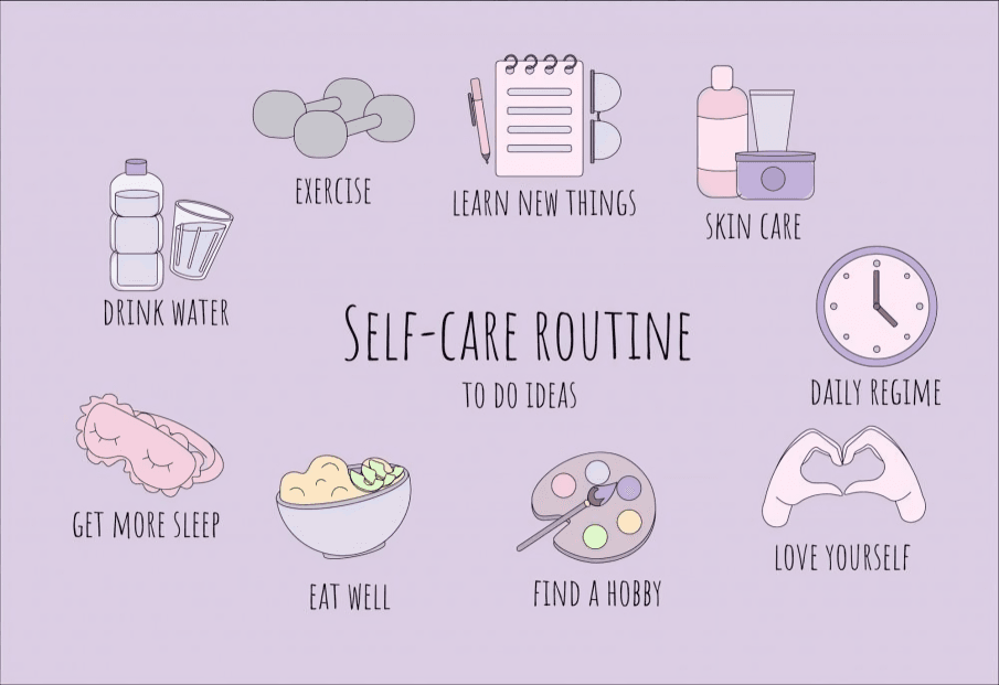 Self-care routine ideas: exercise, learn, skin care, sleep, and eat well.