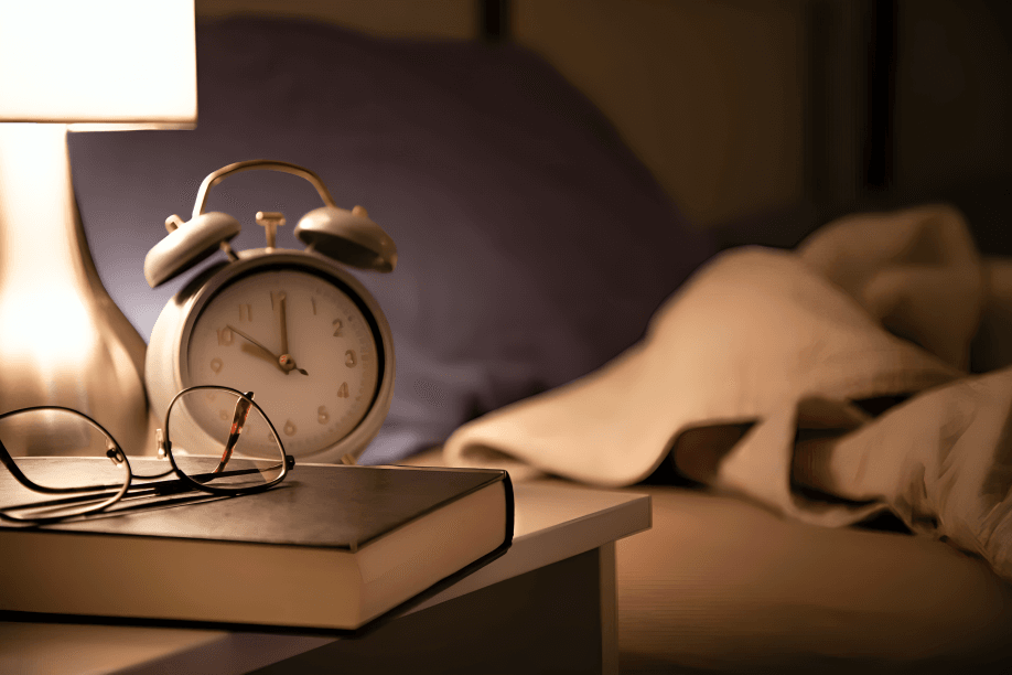 A bedside table with a lamp, book, and alarm clock.