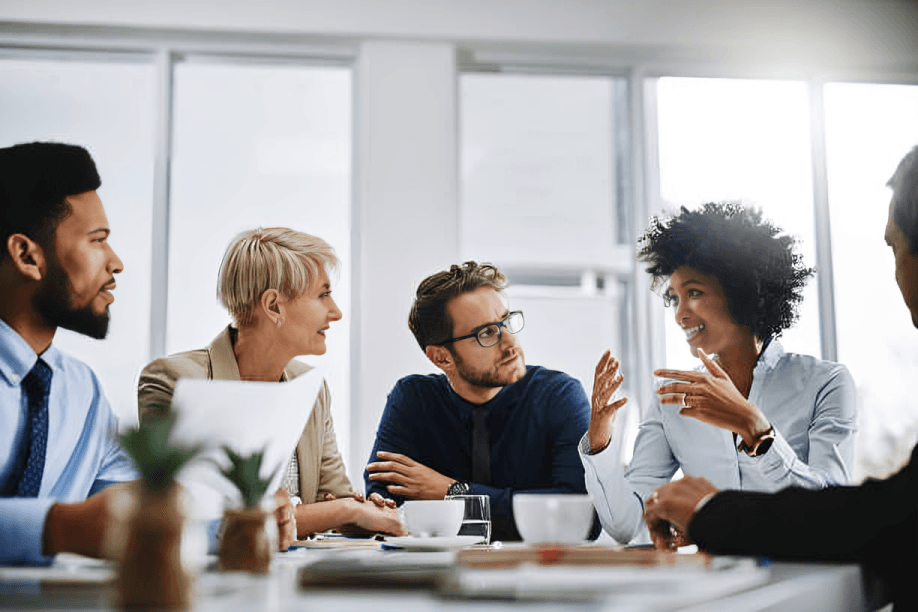 Diverse group of professionals in a business meeting.
