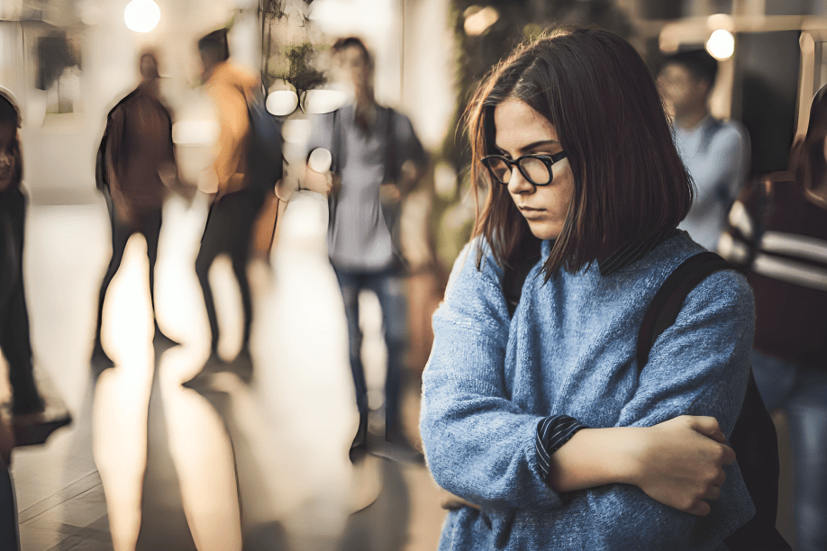 A young woman appears sad and isolated in a crowd.