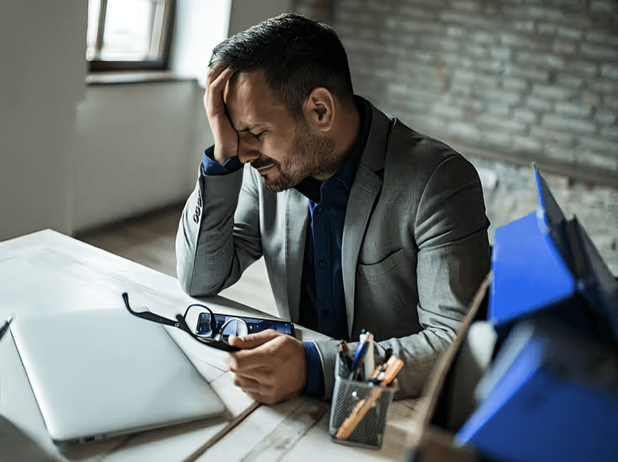 Stressed businessman holding head at office desk.