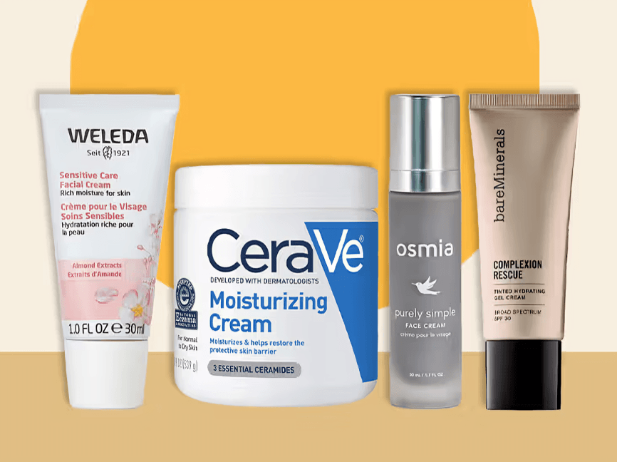 Four different facial moisturizers and creams on display.