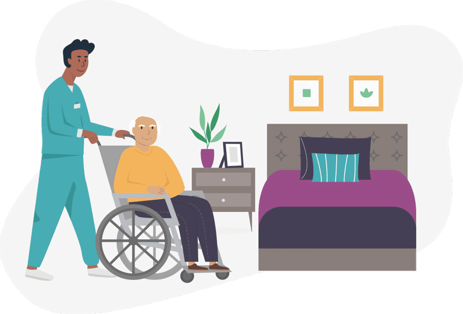 Caregiver pushing senior man in wheelchair in bedroom.